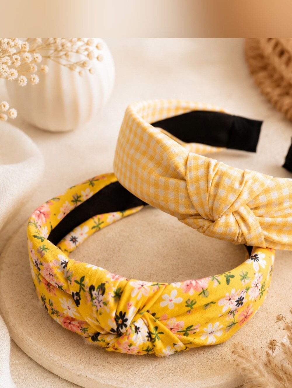 Yellow Floral and Gingham Knotted Headband Set New